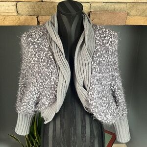 Cropped Thick Chunky Metallic Cardigan Sweater Party Holiday Purple Gray S/M